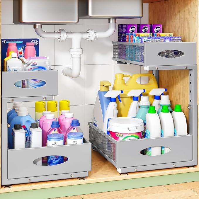 Under Sink Organizer, 2-Pack Pull Out Cabinet Organizer 2 Tier Metal Slide Out Storage Shelf Rack, L-Shaped Adjustable Height,Mesh Sliding Drawer for Kitchen, Bathroom, Laundry, Pantry, Grey, XL by Kitstorack