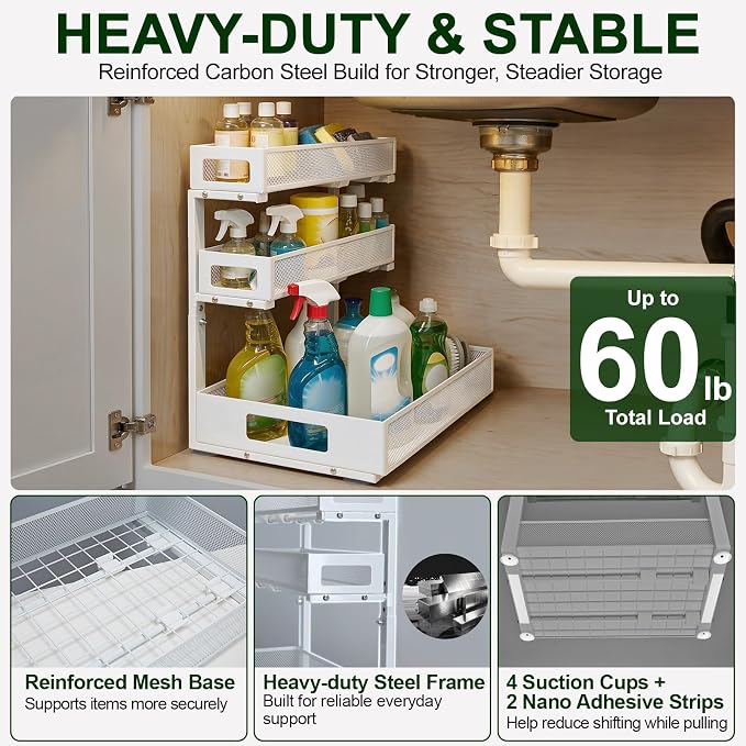 3 Tier Under Sink Organizer,2 Pack Pull Out Cabinet Shelves with Adjustable Height,Heavy Duty Carbon Steel L-Shaped Storage for Kitchen Bathroom Sink,Pantry & Laundry,White - Image 3