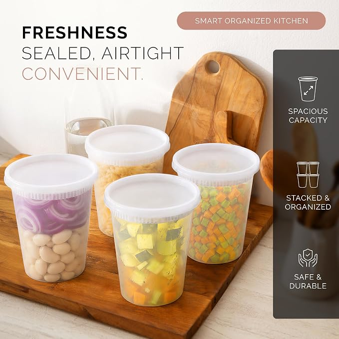 100 PACK (200 SETS) of 32 oz. Plastic Food Containers with Lids | Airtight, Microwave, Dishwasher, & Freezer Safe | Meal Prep, Disposable, Takeout Deli Soup Slime Round Food Storage Box - Image 3