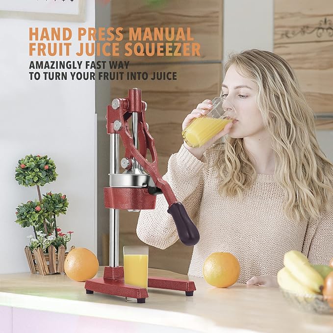 19 Inch Height Extra Tall Commercial Heavy Duty Cast Iron Hand Press Manual Orange Citrus Lemon Lime Grapefruit Pomegranate Fruit Juice Squeezer Machine with Stainless Steel Cup Red - Image 2
