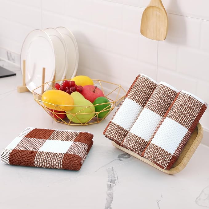 Homaxy Kitchen Towels and Dishcloths Set, Set of 12, White & Rust | Bulk Cotton Waffle Weave Check Plaid Kitchen Towels, Super Soft and Absorbent Dish Cloths, 12 x 12 and 13 x 28 Inches - Image 8