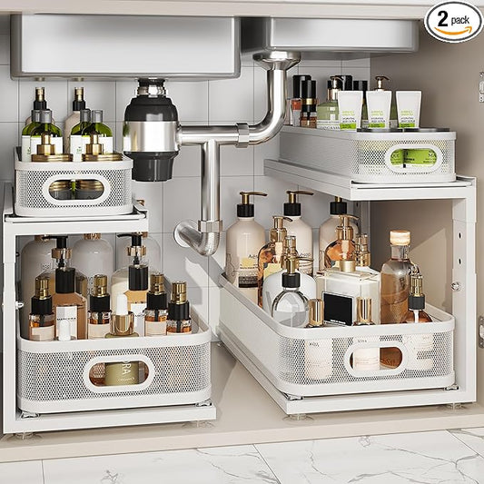 2 Pack 18.5IN-Depth Under Sink Organizer With Next-Gen Ball-Bearing Slides,2-Tier Precision Mesh Pull Out Cabinet Storage for Bathroom&Kitchen,Height Adjustable Drawers Shelf,Anti-rust-White by Corbyles