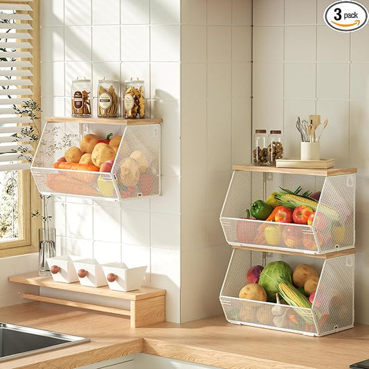 3-Pack Stackable Wire Basket with Wood Lid - Wall Mounted Fruit & Vegetable Bowl for Kitchen, Potato & Onion Storage by Litwaro