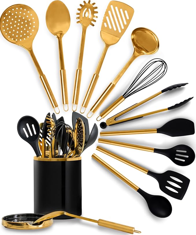 Styled Settings Black and Gold Cooking Utensils Set, 13-Piece | Kitchen Set with Black Ceramic Utensil Holder and Stackable Gold Spoon Rest - Luxury Kitchen Accessories for Stylish Cooking by STYLEDSETTINGS