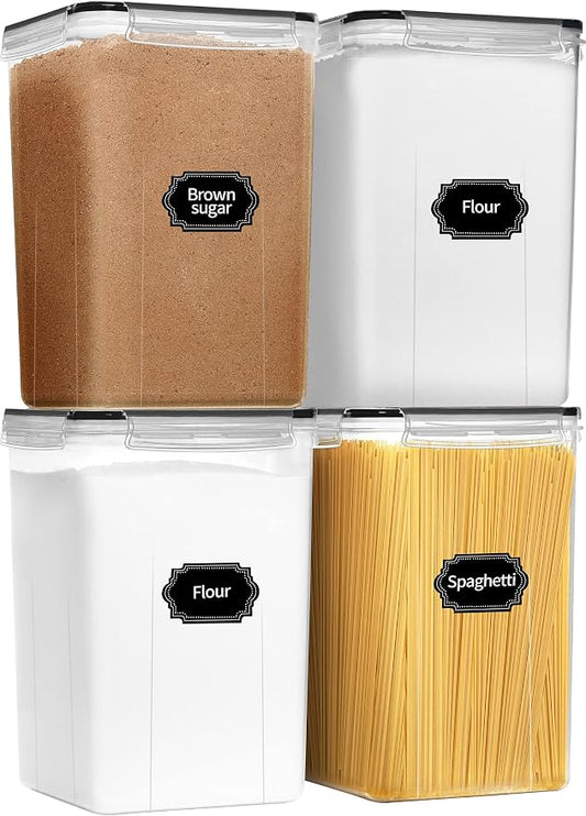 4pcs Large Tall Airtight Food Storage Containers with Lids - 6.5L / 5.9qt | BPA Free Pantry Organizers and Storage Containers for Bulk Flour and Sugar Storage, Food Grade Material, 20 Labels & Marker by PRAKI