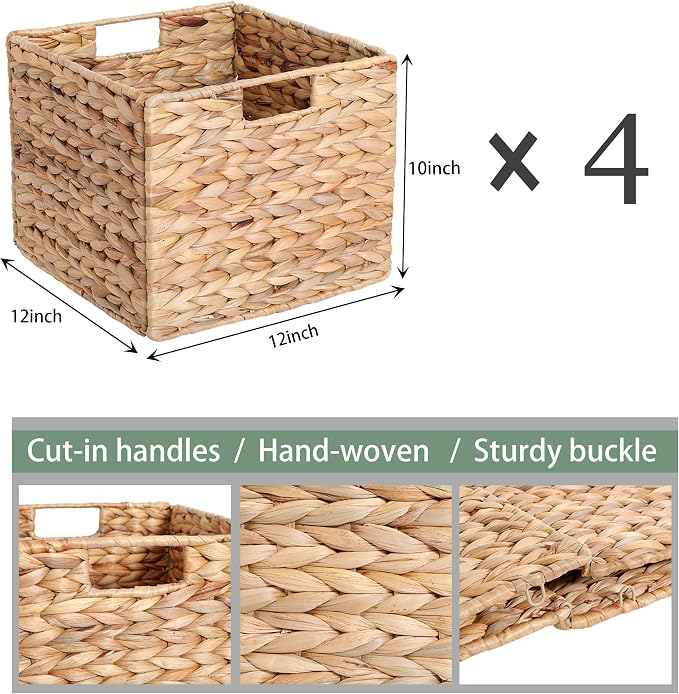 12x12x10 Water Hyacinth Storage Basket Large, Folding Cube Woven Wicker Storage Basket for Shelves, Pantry Baskets Organization and Storage, Large Rattan Basket Set of 4 - Image 3