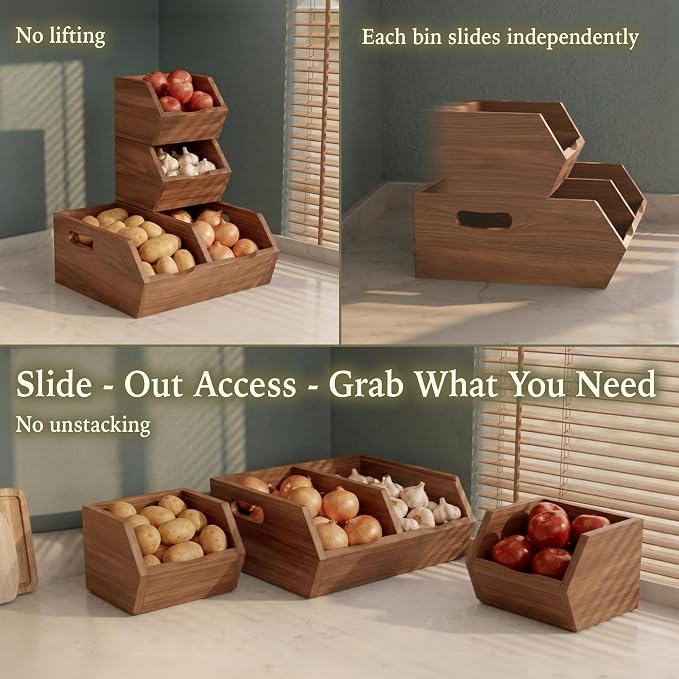 Acacia Pantry Storage Bins Set of 3, Stackable Potato Onion Wood Baskets | Open Front Vegetable and Produce Holders with Airflow, Grip Handles, Organizers for Kitchen Counter and Cabinet - Image 4