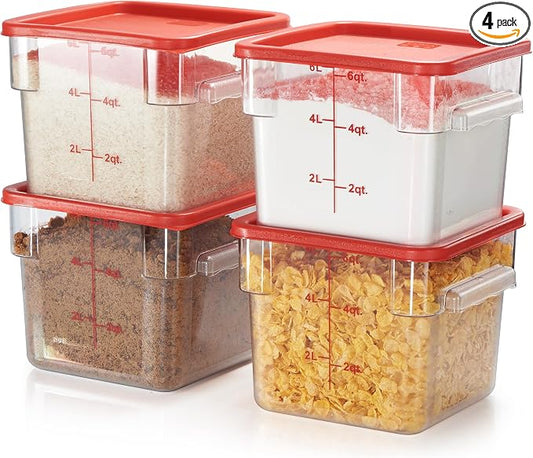 4 Pack Food Storage Container with Red Lid - NSF Commercial Grade in 6.0 Qt - Square, Clear, Polycarbonate by CURTA