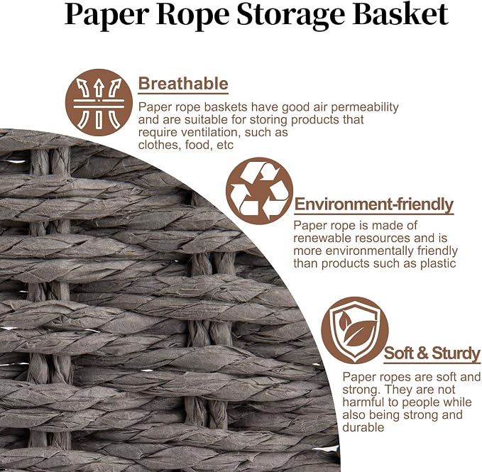 OIAHOMY Scalloped Wicker Baskets, Hand-woven Storage Baskets with Built-in Handles, Paper Rope Shelf Baskets for Organizing and Decoration, Set of 3-Grey - Image 8