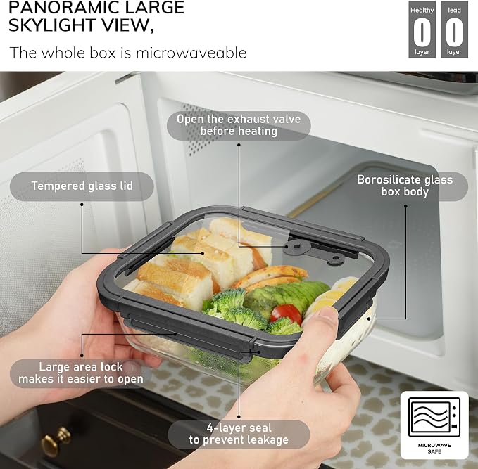 5-Pack Borosilicate Glass Containers with Tempered Glass Lids, 35.2oz/4.4 Cup Airtight Meal Prep Set, Microwave/Freezer Safe (Gray) - Image 6