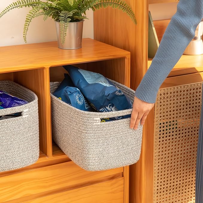 OIAHOMY 4 Pack Storage Baskets for Organizing, Cube Storage Bins for Shelves, Rectangle Storage Baskets With Handles, Woven Baskets for Storage, 16''Lx12''Wx8''H, Grey - Image 3