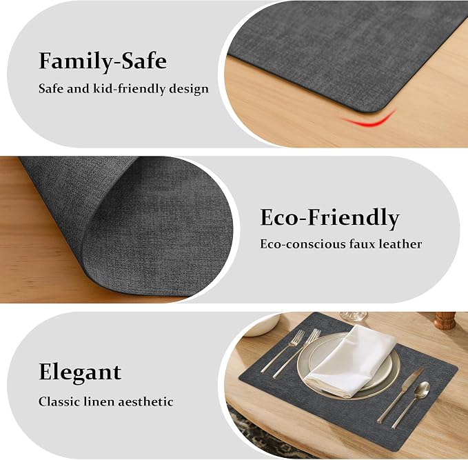 FROMHEART Faux Leather PU Placemats Set of 8 (Dark Grey,11.8" x 17") | Waterproof,Heat/Oil Stain-Resistant Table Mat–Reversible,Non-Slip,Easy to Clean Place Mats for Kitchen,Dining,Indoor/Outdoor - Image 7