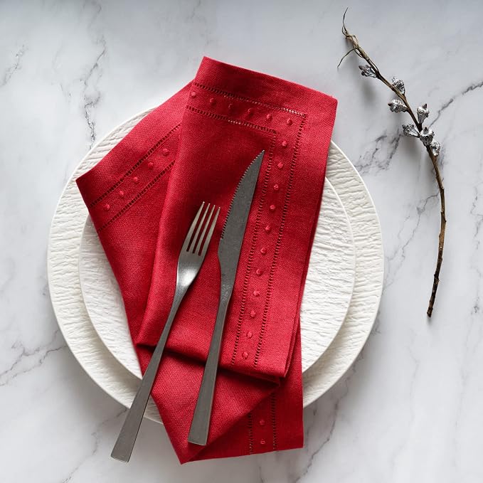 Linen Napkins Set of 4-100% Pure Linen Red Embroidered Dinner Napkins - Hemstitch Cloth Napkins Washable for Halloween, Christmas and Winter Decor - Image 2