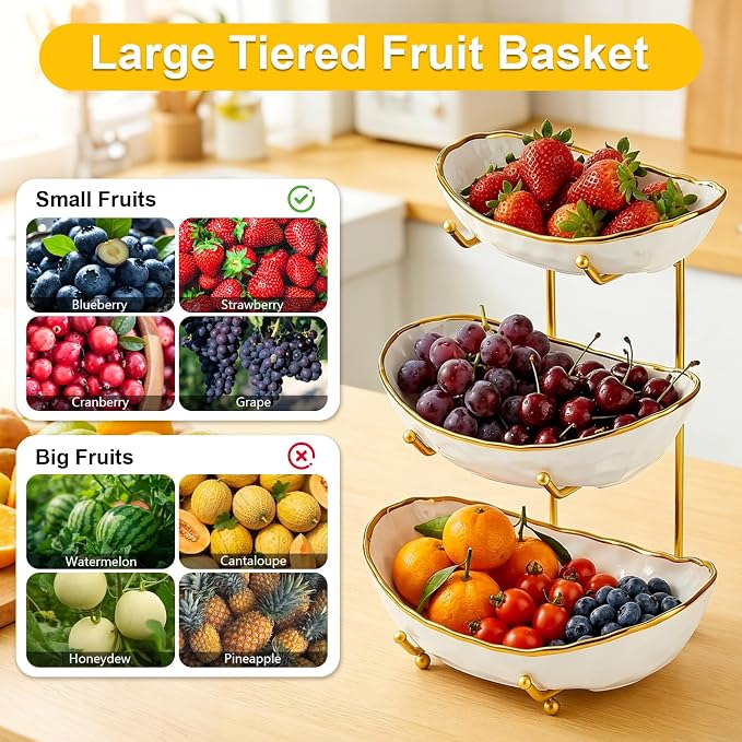 Fruit Bowl 3-Tier Ceramic With Gold Metal Stand Large Space Saving | Decorative Fruit Basket, Large Capacity, Space Saving Design, Ideal For Kitchen And Dining - Image 4