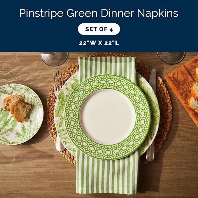 Pinstripe Green Dinner Napkins Set of 4 | 100% Cotton Cloth Set for Entertaining or Everyday Table | Perfect for Wedding, Birthday, Christmas Green and White, 22 Inch Square - Image 2