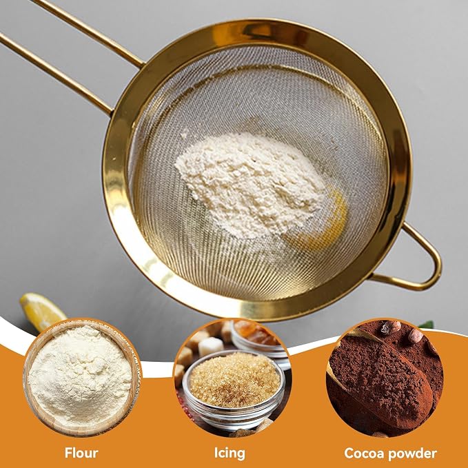 Fine Mesh Strainer Set, Gold Strainer for Juicing Stainless Steel Fine Mesh Strainer Set Of 3 with Handle for Kitchen Food Flour Baking - Image 3