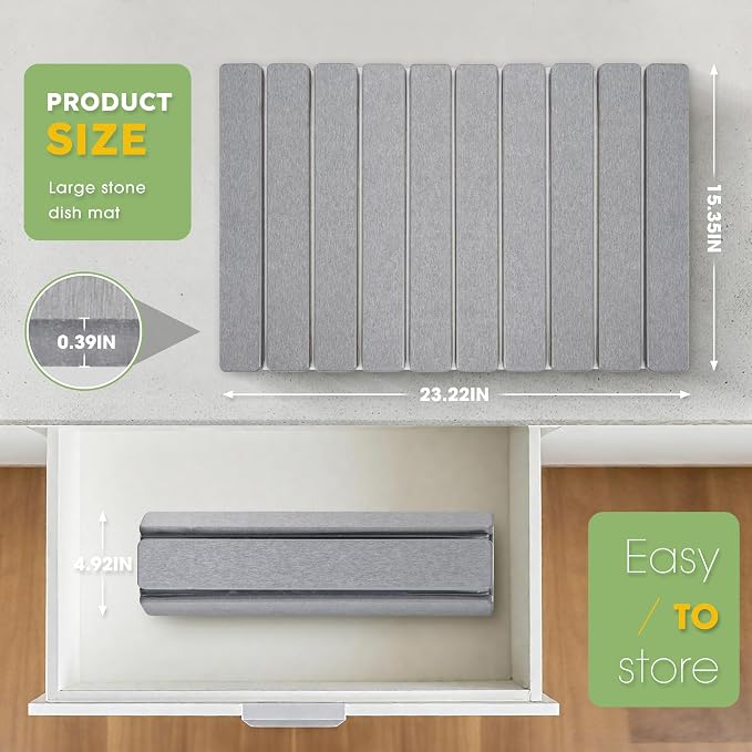Large Stone Dish Drying Mat for Kitchen Counter – 24"×16" Collapsible Diatomaceous Earth Mat, Ultra Absorbent & Quick Dry, Foldable Drying Pad for Dishes, Bottles, Cups (Light Grey) - Image 3