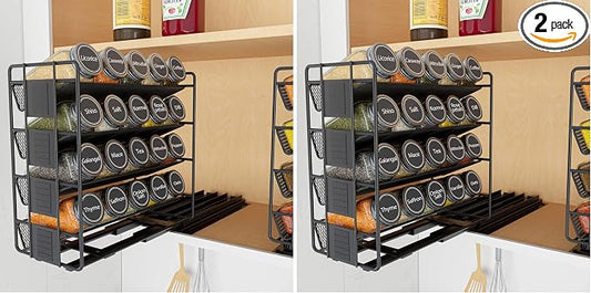 SpaceAid Pull Out Spice Rack Organizer with 20 Jars, Heavy Duty Slide Out Seasoning Organizer for Kitchen Cabinets, with 801 Labels and Chalk Marker, Right Facing (Pack of 2) by SpaceAid