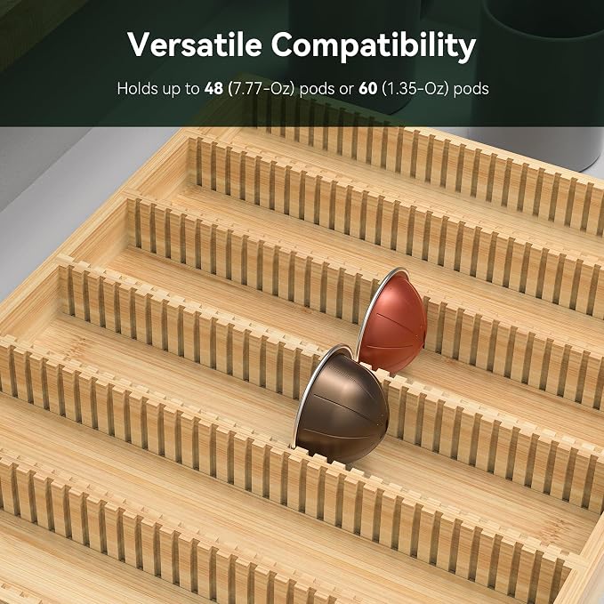 for Nespresso Vertuo Capsules Bamboo Coffee Pod Drawer Organizer | 14.84" Wx11.81" Dx1.54" H 48 Big or 60 Small Pods Holder for Counter - Image 5