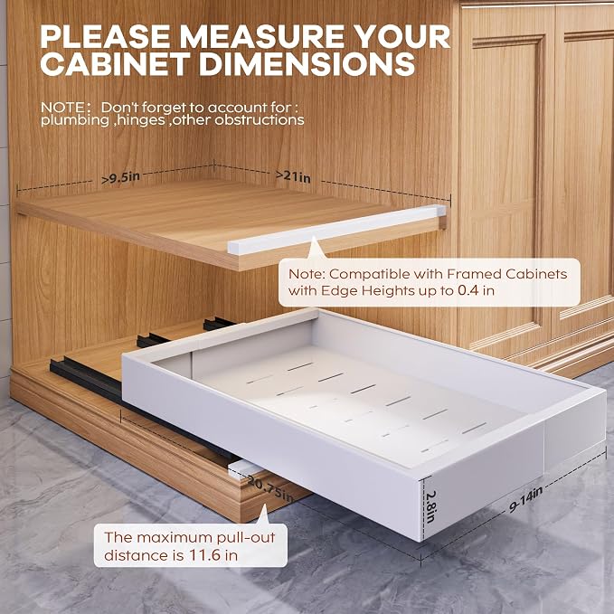 Seinloes 2 Pack Expandable Pull Out Cabinet Organizer 21" Deep with Raising Pad for Framed Cabinets,Upgrade 3 Slide Rails Slide Out Drawers,Roll Out Shelves Adhesive,Adjustable Width 9"-14.1" White - Image 4