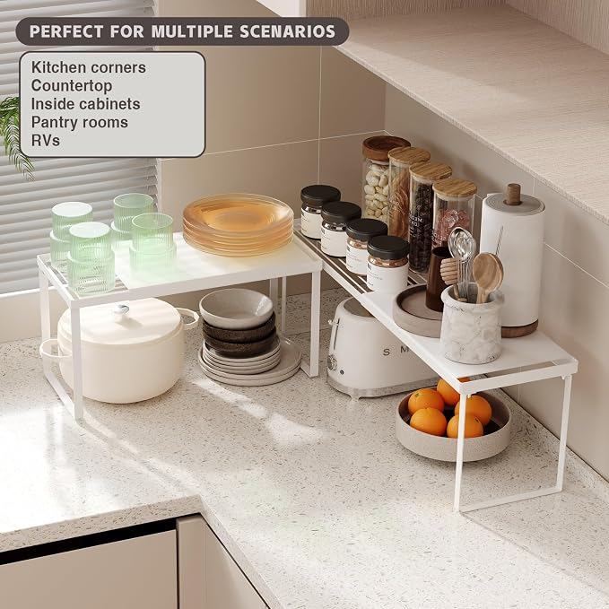 Magheo Expandable Kitchen Countertop Organizer, 1 Pack Stackable Cabinet Shelf Risers, Metal Spice Rack Heavy Duty Counter Organizer Storage for Kitchen, Pantry, Cupboard, Rv (8.7in Height,White) - Image 4