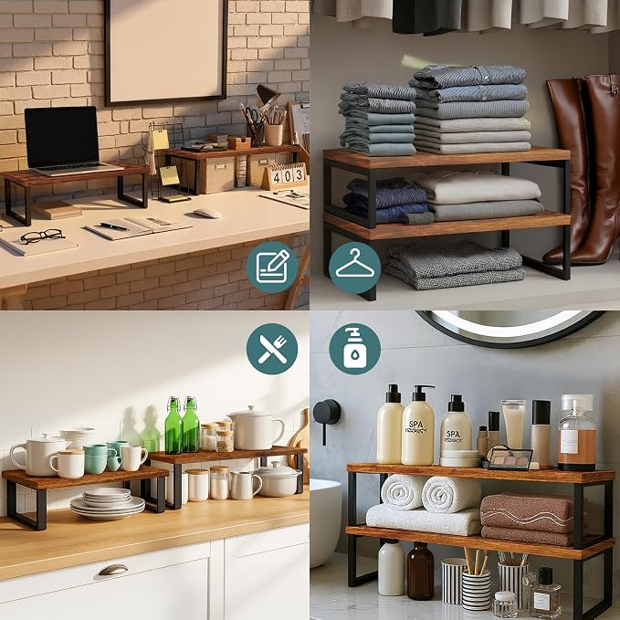 Sben Cabinet Organizer Shelf, Set of 2 Kitchen Counter Shelves, Kitchen Storage, Spice Rack, Stackable, Expandable, Metal and Engineered Wood, Ink Black and Rustic Brown - Image 7