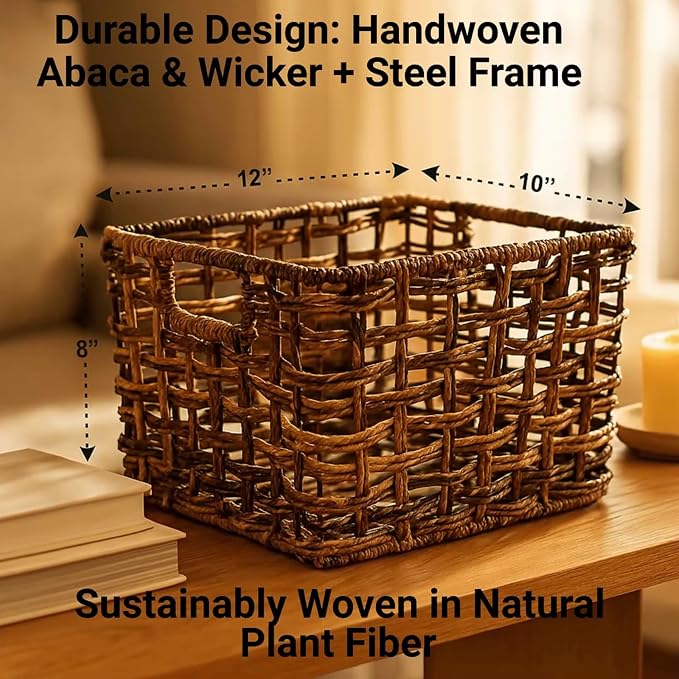 Storage & Shelf Baskets, Handwoven Natural Abaca Wicker Set of 3 12x10x8 In | Handwoven natural abaca storage baskets,sturdy steel frame, breathable open weave for pantry, shelves, books, toys, closets - Image 4