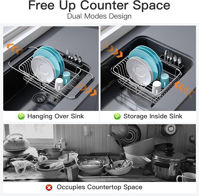 JASIWAY Sink Small Dish Drying Rack with Utensil Holder, for RV, Apartment | Over Sink Expandable Stainless Steel Dish Drainers for Compact Kitchen, Space Saving, Fast Drain, Rustproof, For 1-2 people - Image 2