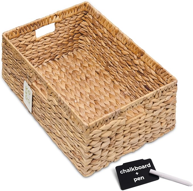 KOKODO 16.5"Lx13"W Extra Large/Jumbo Wicker Storage Baskets with Chalkboard, Stylish and Durable Water Hyacinth Rectangle Handwoven Basket Bin with Metal Frame & Handle for Room Organizing by KOKODOHOMEPROJECT