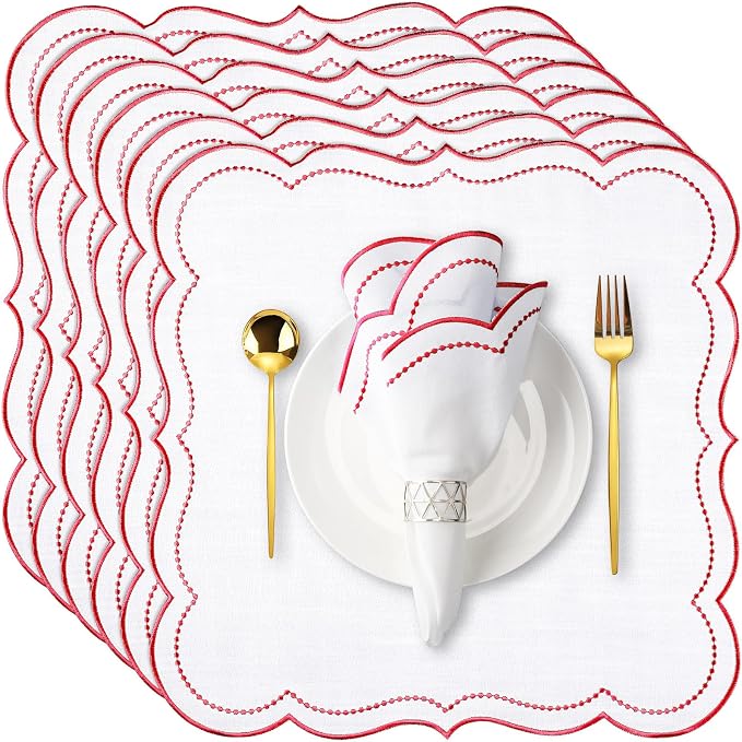 Hahafelt Cloth Napkins 18x18inches Scalloped Embroidery Cloth Napkins Washable Polyester Table Dinner for Hotel Restaurant Weddings Events Parties(Red,6 Set) by Hahafelt