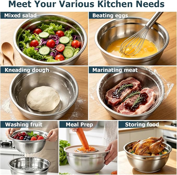 Stainless Steel Mixing Bowls with Airtight Lids,Non-Slip Nesting Bowls Set | 6.3,4.3,3.6,2.9QT,14Pcs Metal Bowl with Mixer Hole,Silicone Bottom,Grater Attachments and Kitchen Gadgets,for mixing,serving - Image 7