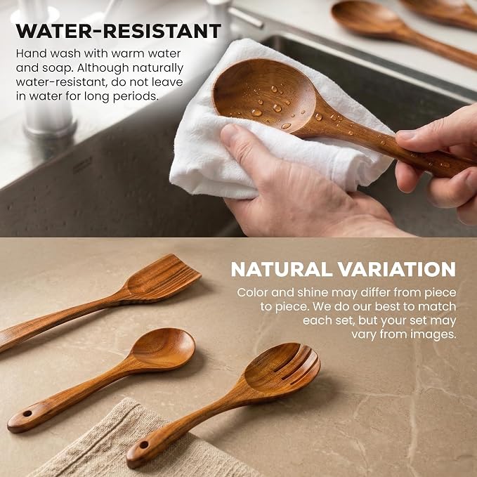 Zulay Kitchen 30-Piece Teak Wooden Utensils - Natural Teak Cooking Utensils with Premium Gift Box - Non-Stick Wooden Spoons - Kitchen Gift Set - Comfortable Grip - Image 5