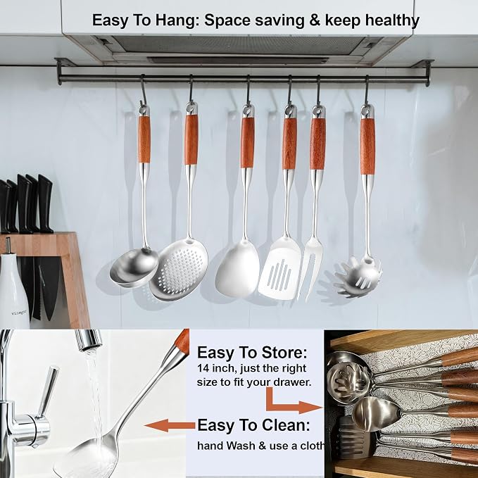Kitchen Utensils Set Stainless Steel with Wooden Handle,Metal Cooking Utensils Set 12 PCS,Spatulas,Ladle,Skimmer,Tunners,Spaghetti Spoon,Fork,Potato Masher,Egg Whisk,Tongs - Image 8
