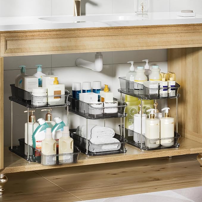 Delamu 2-Tier Under Sink Organizers and Storage, Multi-Purpose Stackable Bathroom Cabinet organizers, Pull Out Kitchen Pantry Organization and Storage with Dividers(3 Pack, Grey) - Image 2