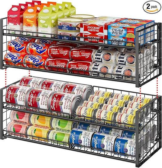 2-Pack Stackable Can Organizer for Pantry Shelf, Adjustable Extra-Long Rolling Can Rack for Kitchen Cupboard Storage, Sturdy Standing Can Holder for Canned Food Goods Soda up to 100, 2 Tier, Black by JKsmart