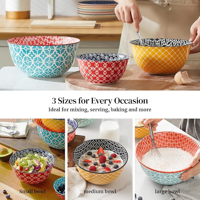 DOWAN Mixing Bowls, Ceramic Mixing Bowls for Kitchen, Colorful Vibrant Nesting Bowls for Cooking, Baking, Prepping, Serving, Salad, Housewarming Gift, Microwave Dishwasher Safe, 3.7/2/1 Qt, Set of 3 - Image 4