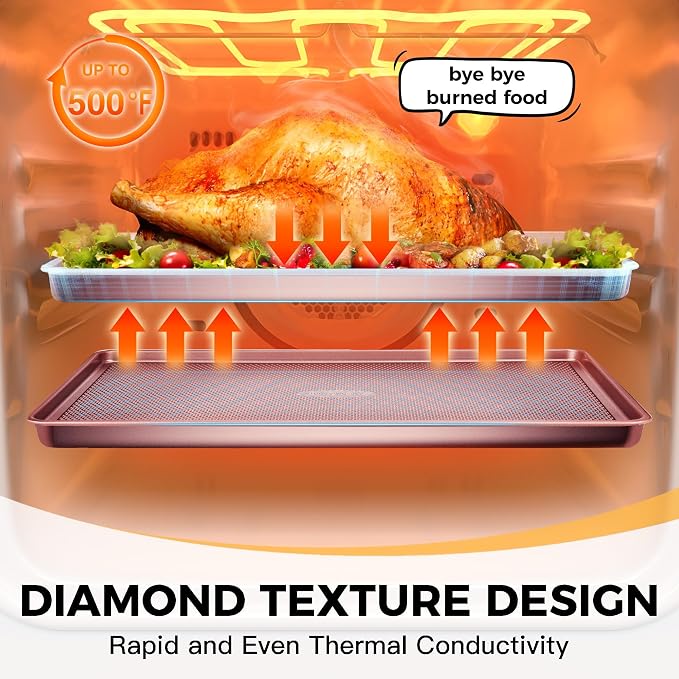 Baking Sheet Pan Set, Cookie Sheets for Oven, Nonstick Half/Quarter/Jelly Roll Pans with Diamond Texture Pattern, Heavy Duty Cookie Tray, Pink - Image 7