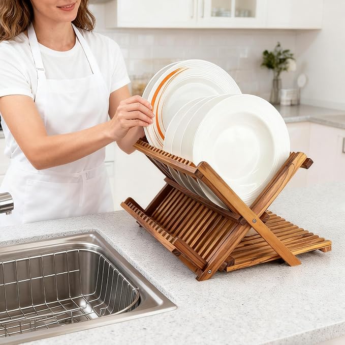 Utoplike Large Teak Dish Drying Rack, Wood Collapsible Organizer for Plates | 3 Tier Kitchen Dish Draine for Countertop, for Pasta Plates, Cups, Pots - Image 2