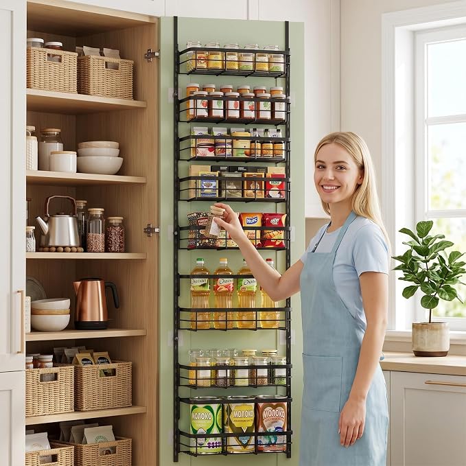 Apinol Over The Door Pantry Organizer, 8 Tier Adjustable Pantry Door Organization and Storage, Door Mounted Spice Organizer with Hooks for Pantry Kitchen Essentials, Black - Image 8
