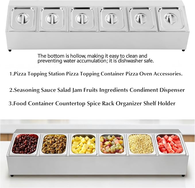 6Pans Pizza Topping Station Organizer Container Food Prep Condiment Caddy | Ingredients Holder Spice Rack Stainless Steel Candy Container Set with 6 Pans & Lids, Food Truck Restaurant Kitchen Buffet - Image 6