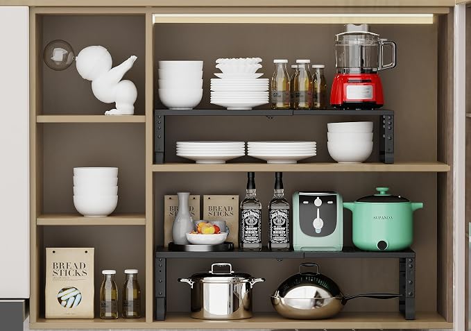 Jojocross Expandable Adjustable Stackable Kitchen Organizer, Spice Rack,Metal Pantry Storage Shelves Racks,Counter Shelf for Cabinets, Countertop, Cupboard (3 Packs/Large/Black) - Image 6