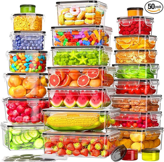 KEMETHY 50 PCS Food Storage Containers with Airtight Lids, BPA-Free | Meal prep / Dishwasher safe / Microwave safe / Assorted sizes / Stackable / Labels / Leakproof by KEMETHYFocusesonCreatingEfficientStorageProductswithQualityMaterials