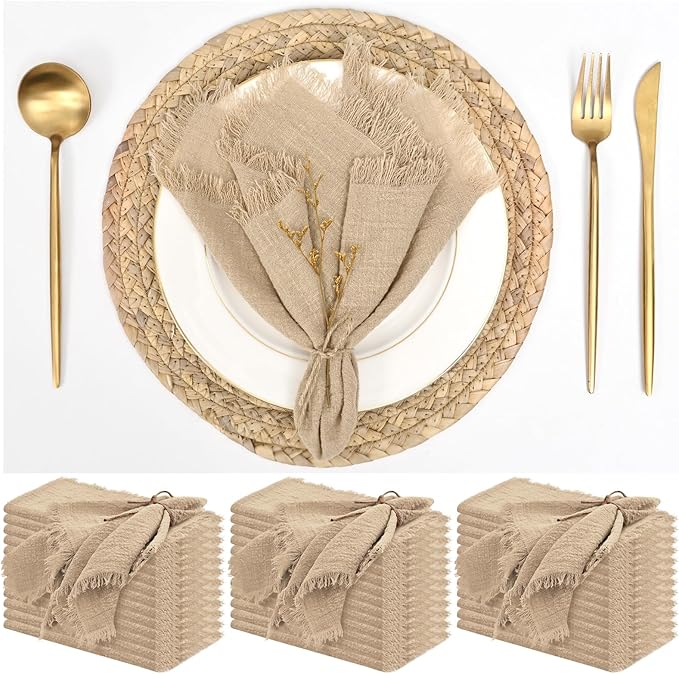 36 Pack Caramel Napkins Cotton Linen Napkin 16 x 16 Inch Caramel Napkins Cloth Handmade with Fringe Soft Washable Rustic Dinner Napkin Cloths for Wedding Party Dinner Table by ABKLESACH