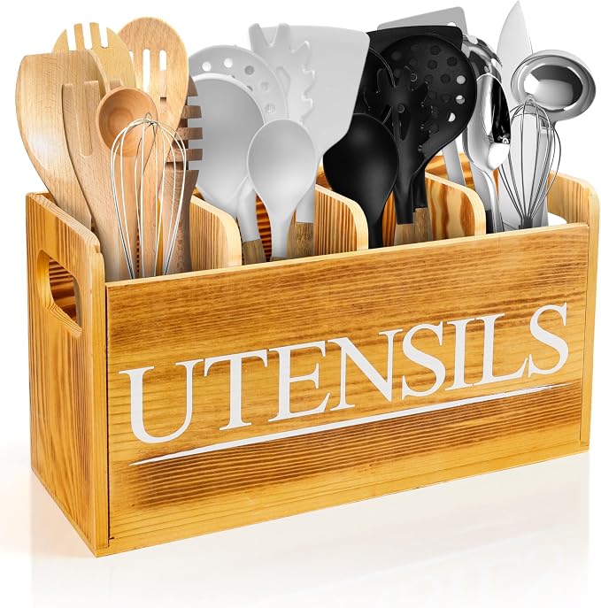 Kitchen Utensil Holder for Kitchen Counter Large Wooden Organizer for Cooking Utensils Utensil Holder Counter Farmhouse Décor (Farmhouse Wooden) by Brekle