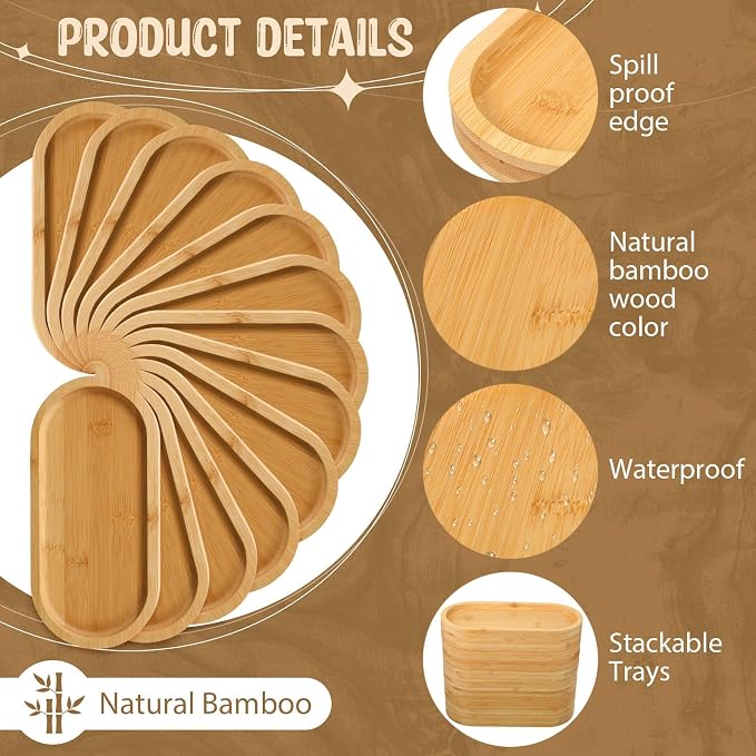 Nuogo 12 Pcs Bamboo Serving Tray 10 x 5 Inch Bamboo Oval Platter Wooden Serving Platter Oval Charcuterie Plates Board Wood Cheese Plate Fruit Wood Tray for Tea Coffee Table Cup Kitchen Dessert Veggie - Image 3
