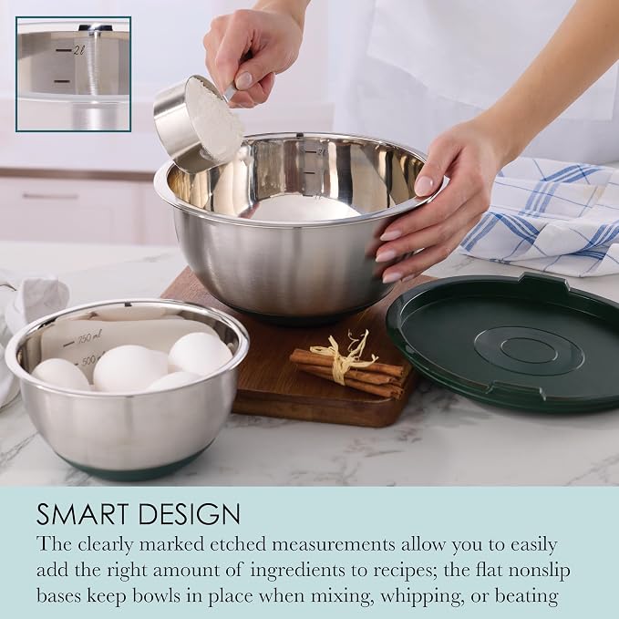 Chicago Metallic 13-Piece Stainless Steel Mixing Bowl Set with Airtight Lids and Grater Attachments, Etched Measurements, Nonslip Base, Dishwasher Safe, Nesting Bowls for Kitchen Baking Cooking - Image 7