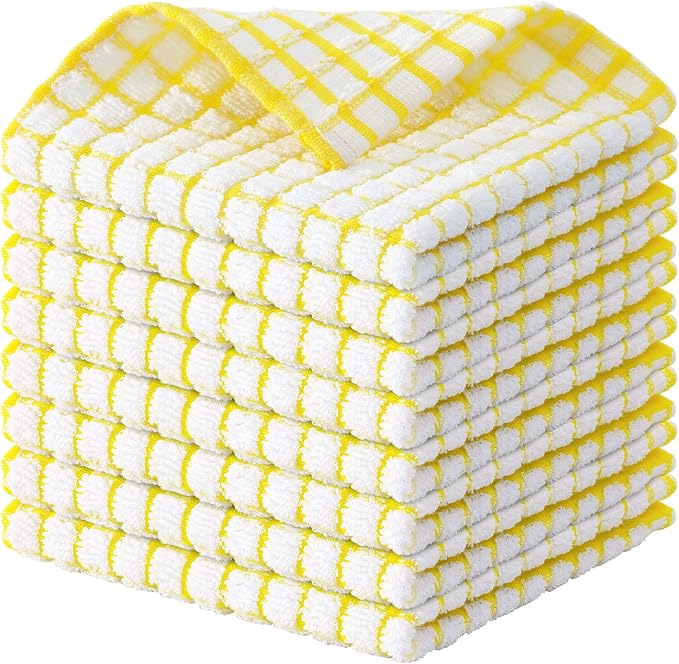 Kitinjoy Cotton 8 Pack Terry Kitchen Dish Cloths, Yellow | 12 x 12 Inches Super Soft and Absorbent Dish Rags, Quick Drying Dish towels for Washing Dishes by Kitinjoy