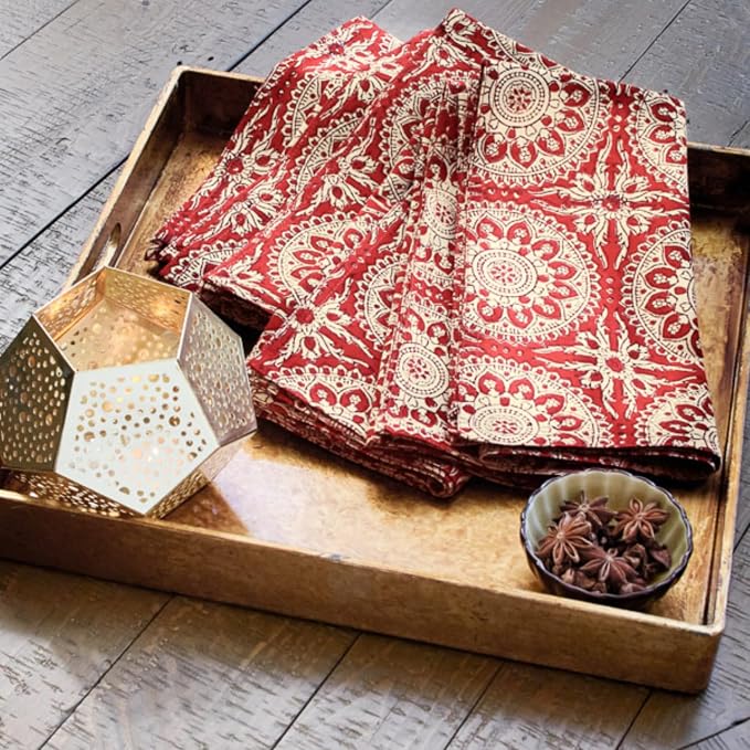 100% Red Cotton Dinner Napkins, Set of 6, Hand Printed Spice Route Design, Fair Trade, Washable Cloth Napkins for Parties & Cocktails 20x20 in by SaffronMarigold
