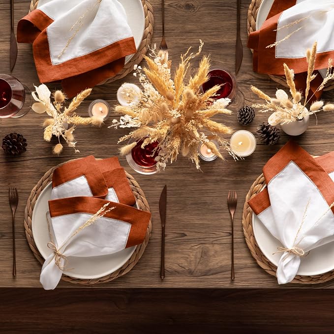 Linen Napkins 20 x 20 inch - 100% Pure Flax Linen White and Orange Dinner Napkins Set of 4 - Hemstitch Cloth Napkins Washable for Spring, Summer, Fall and Winter Decor - Image 7