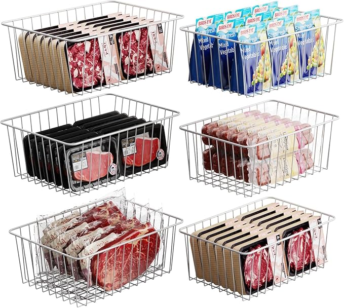 Freezer Organizer Bins - For 16 Cu Ft Upright Freezer, 6 Pack White | Wire Baskets 3 Large & 3 Medium Sizes, Slide-Out for Easy Access, Prevent Food Falling Out, Keep Stand-Up Freezer Organized by iSPECLE
